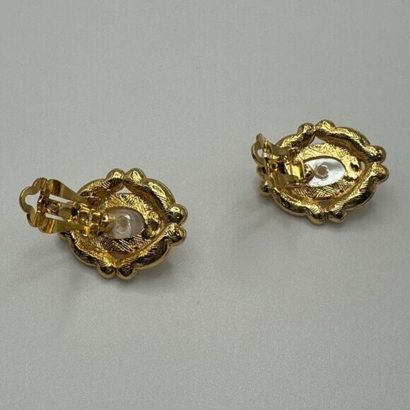 Vintage Gold Framed Pearl and Rhinestone Costume Earrings Large Statement Glam - Picture 5 of 6